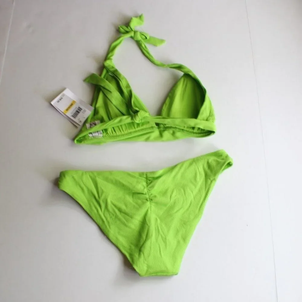 Becca by Rebecca Fine Line Ribbed Halter Bikini Top AND Bottoms Kiwi NEW Medium_4
